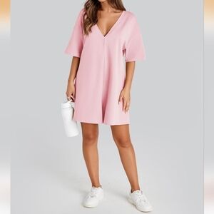 Casual V-Back Short Romper in Light Pink